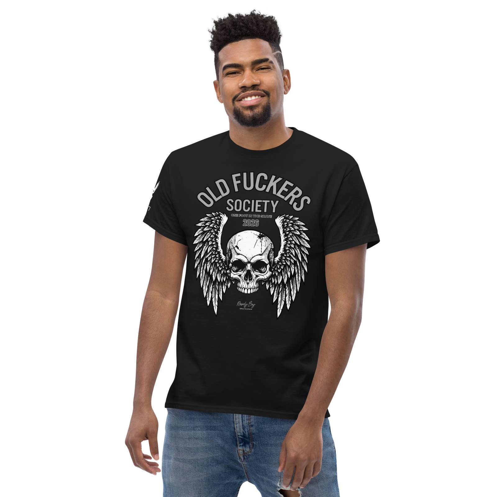 Rowdy Boy " Old Fuckers Society" (One foot in the grave) Unisex Classic Tee - Image 14