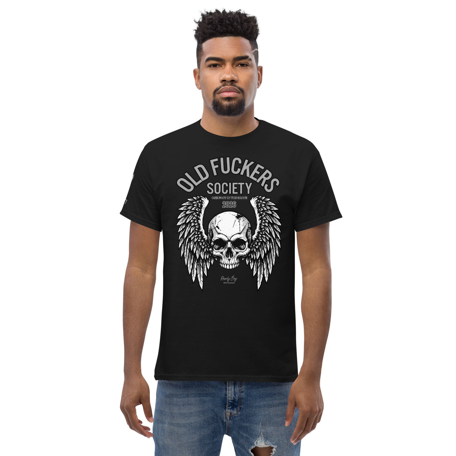 Rowdy Boy " Old Fuckers Society" (One foot in the grave) Unisex Classic Tee - Image 13