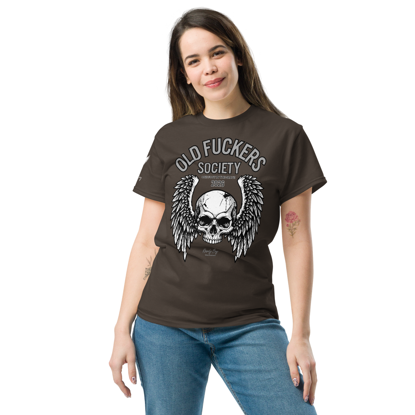 Rowdy Boy " Old Fuckers Society" (One foot in the grave) Unisex Classic Tee - Image 75