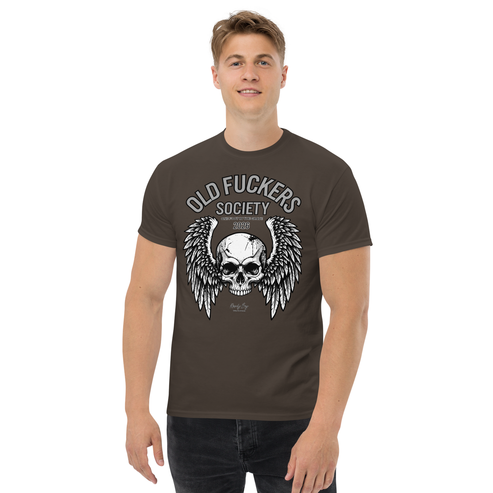 Rowdy Boy " Old Fuckers Society" (One foot in the grave) Unisex Classic Tee - Image 77