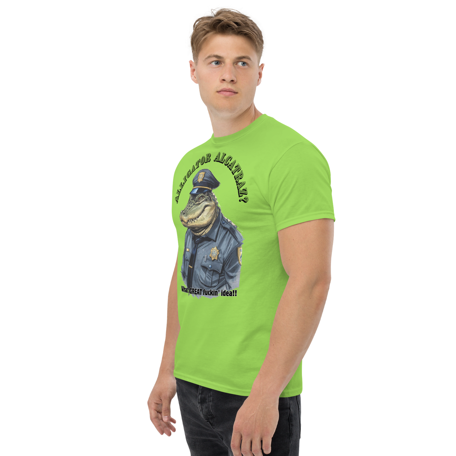 Rowdy Boy "Alligateor Alcatraz???" (What A Great Fuckin Idea!) Unisex Classic Tee - Image 125