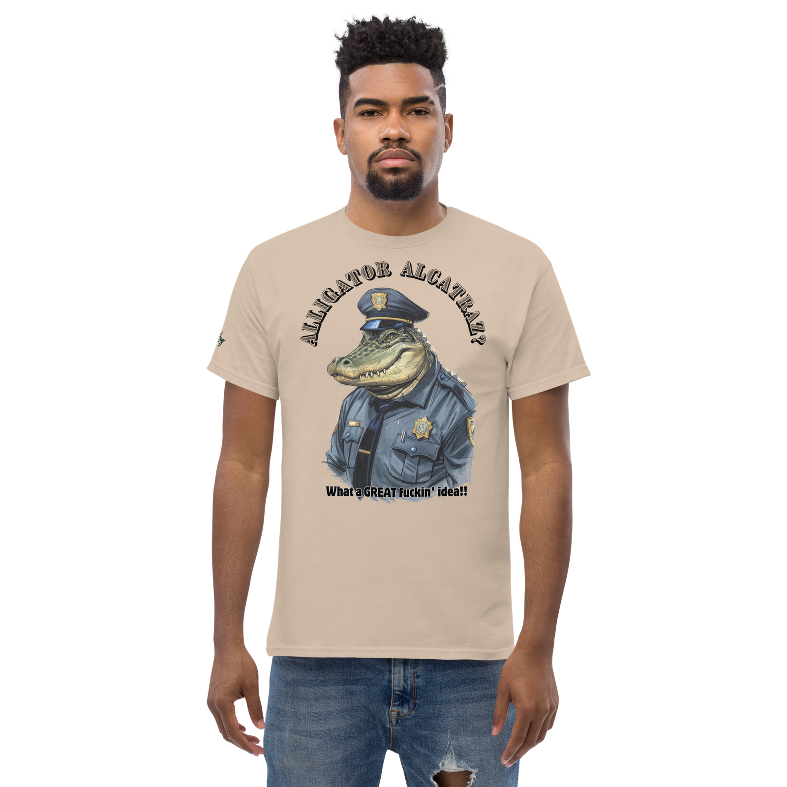 Rowdy Boy "Alligateor Alcatraz???" (What A Great Fuckin Idea!) Unisex Classic Tee - Image 123