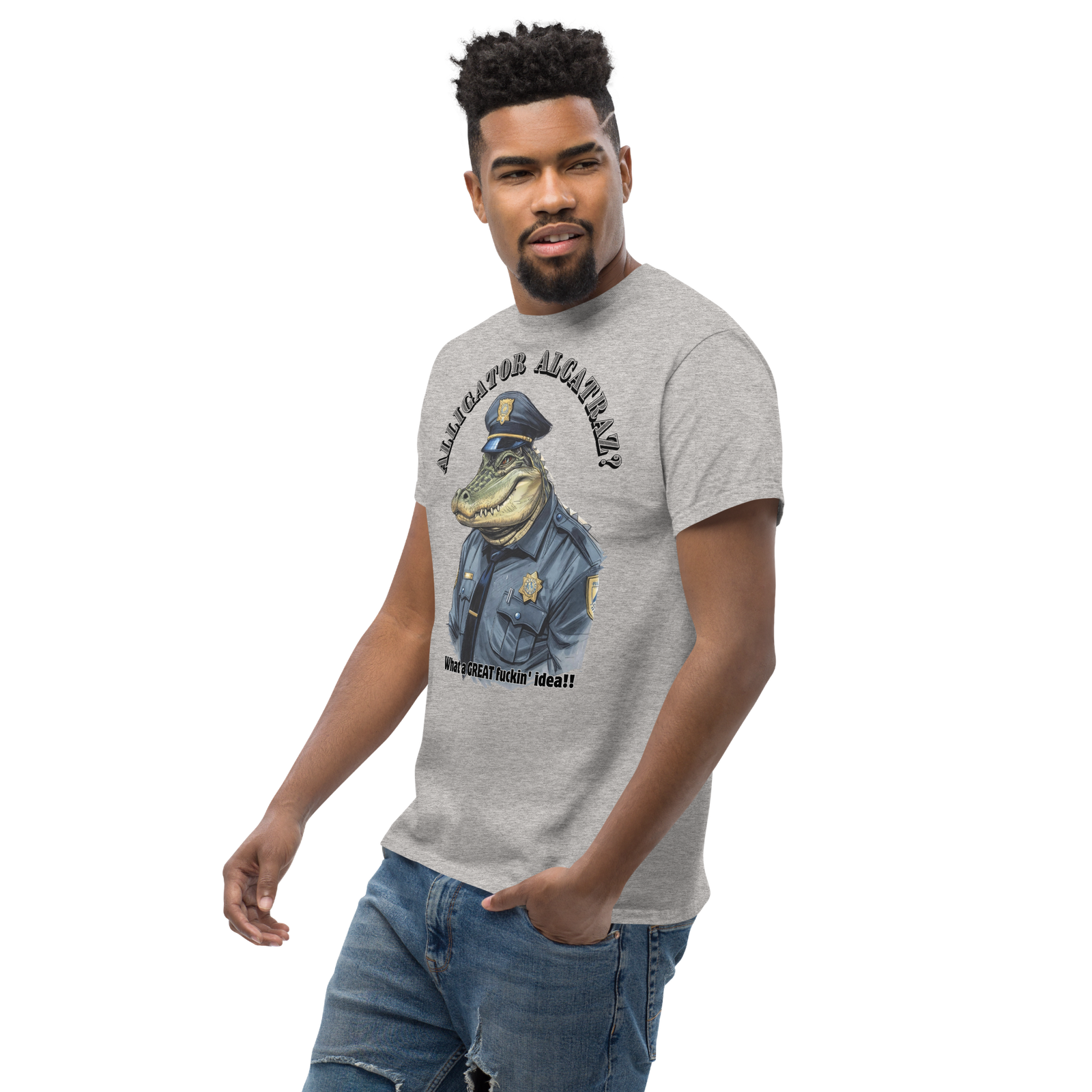 Rowdy Boy "Alligateor Alcatraz???" (What A Great Fuckin Idea!) Unisex Classic Tee - Image 105